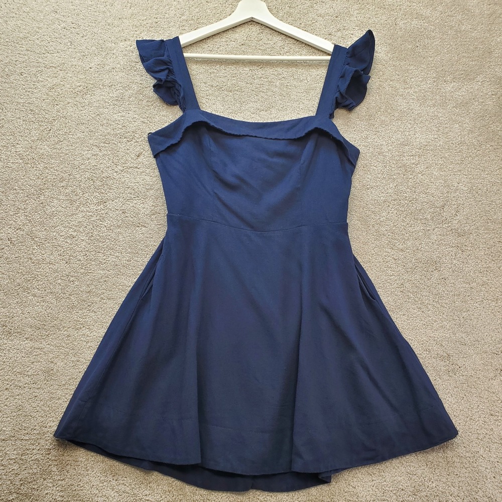 Francesca's Mi Ami Dress Womens L Navy Blue NEW Ruffle Open Back Fit Flare